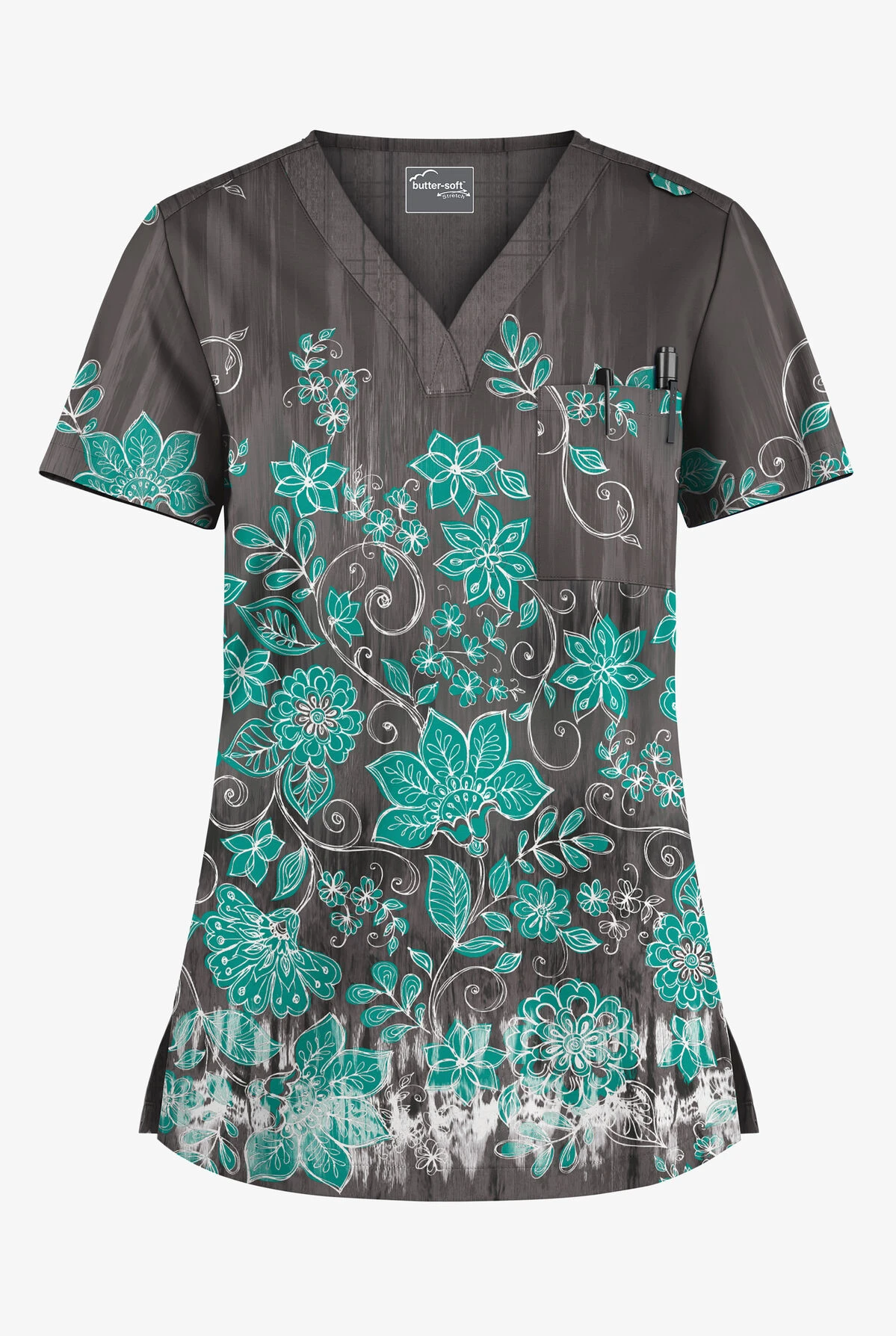 UA Butter-Soft STRETCH Wildflower Border Pewter Women's 1-Pocket V-Neck Tuck-In Printed Scrub Top UA Butter-Soft STRETCH Wildflower Border Pewter Women's 1-Pocket V-Neck Tuck-In Printed Scrub Top -Cherokee Shop TS452WFPW 100523 1