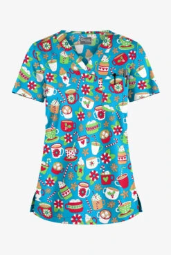 Butter-Soft X-Mas Coco Turquoise Women's 1-Pocket V-Neck Tuck-In Print Scrub Top