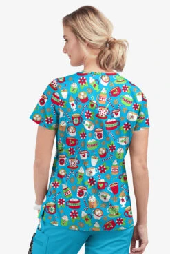 Butter-Soft X-Mas Coco Turquoise Women's 1-Pocket V-Neck Tuck-In Print Scrub Top -Cherokee Shop TS452XMTQ 3