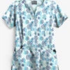 Butter-Soft Falling Snowflakes Aqua Moon Women's 4-Pocket Notch Neck Print Scrub Top