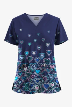 UA Butter-Soft STRETCH Bright Hearts Navy Women's 2-Pocket V-Neck Printed Scrub Top