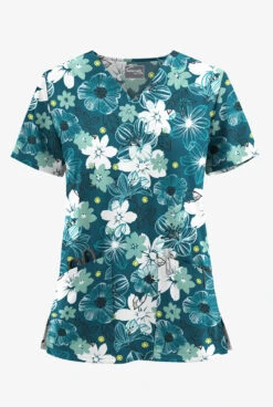 UA Butter-Soft STRETCH Floral Mirage Caribbean Blue Women's 2-Pocket V-Neck Printed Scrub Top
