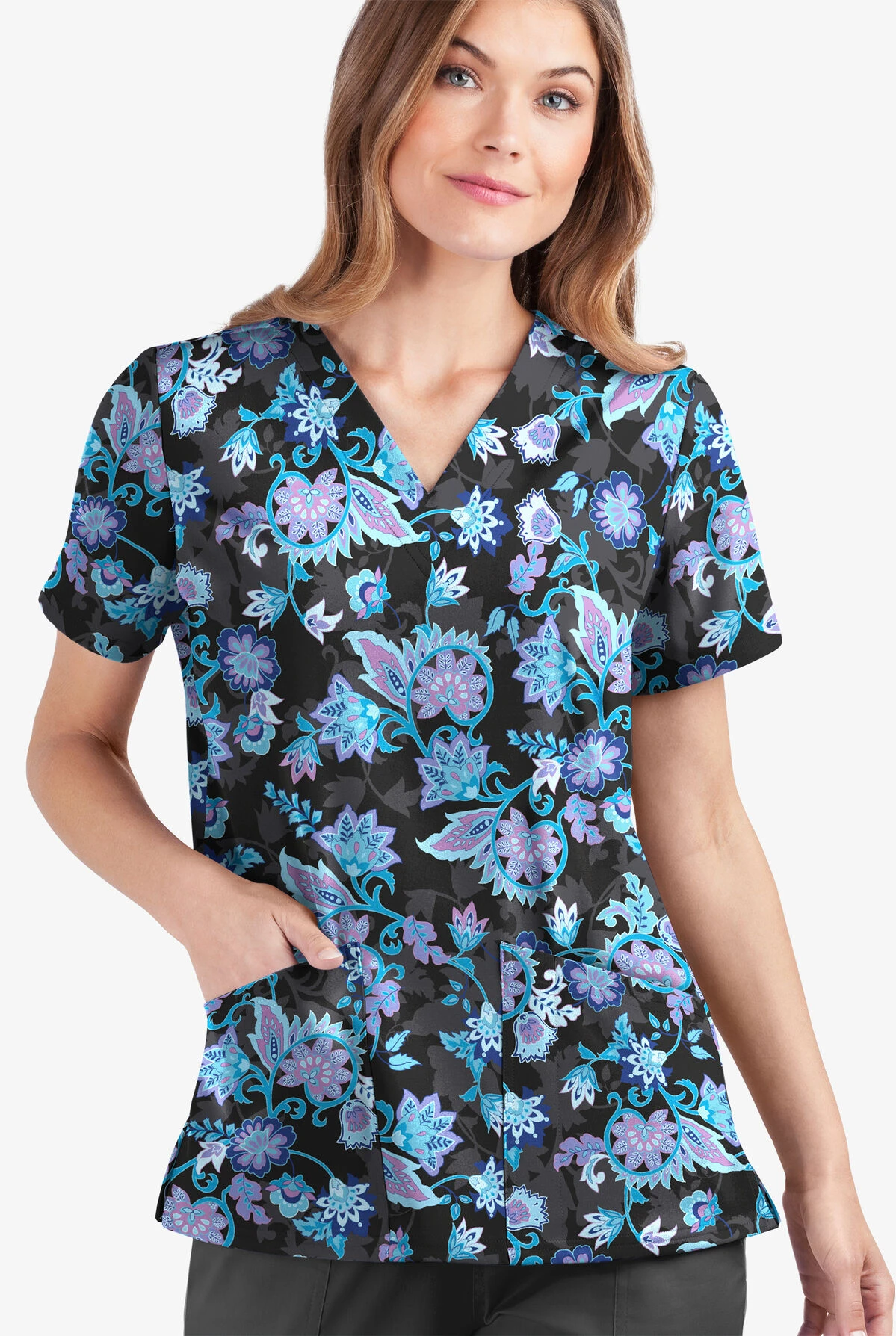 UA Butter-Soft STRETCH Jacobean Spring Women's 2-Pocket V-Neck Printed Scrub Top UA Butter-Soft STRETCH Jacobean Spring Women's 2-Pocket V-Neck Printed Scrub Top -Cherokee Shop TS542JSBL 2