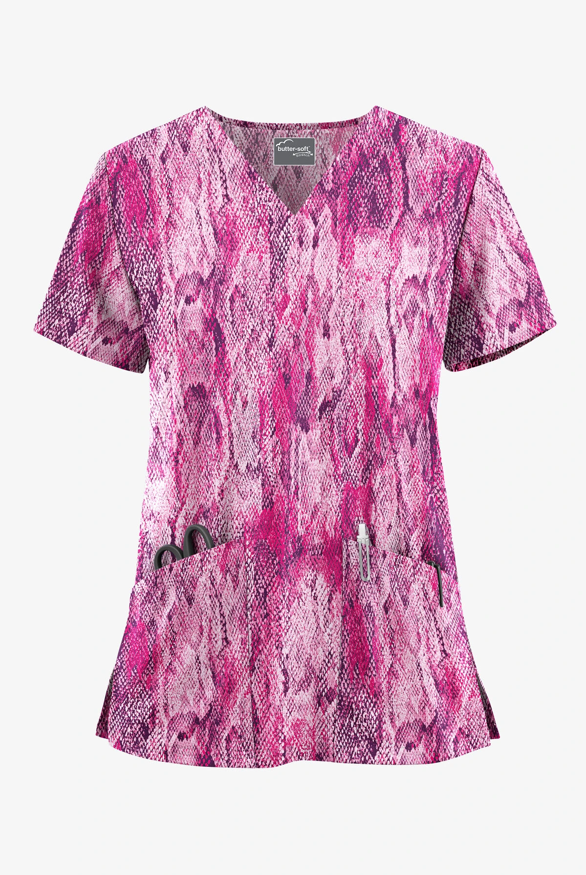UA Butter-Soft STRETCH Lux Python Eggplant Women's 2-Pocket V-Neck Printed Scrub Top UA Butter-Soft STRETCH Lux Python Eggplant Women's 2-Pocket V-Neck Printed Scrub Top -Cherokee Shop TS542LPEG 100523 1