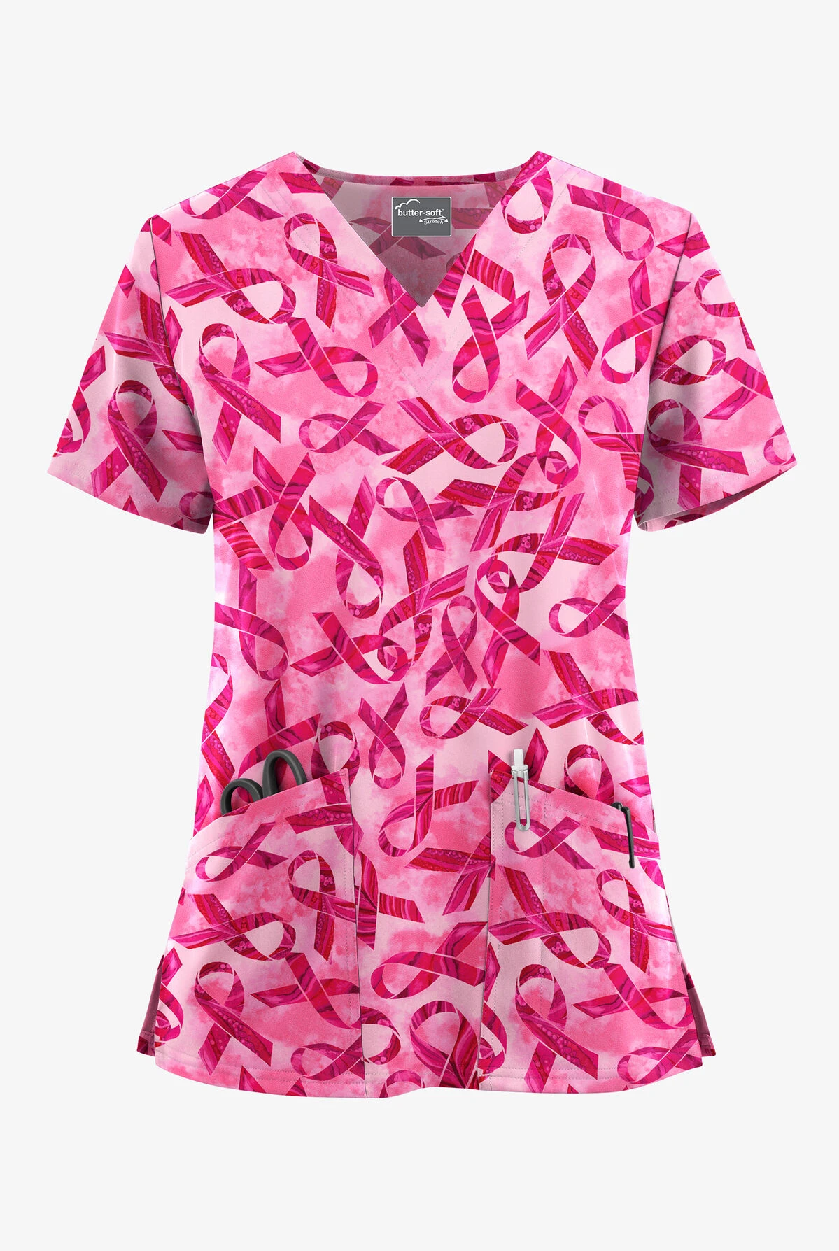 UA Butter-Soft STRETCH Pink Courage Fuchsia Women's 2-Pocket V-Neck Printed Scrub Top UA Butter-Soft STRETCH Pink Courage Fuchsia Women's 2-Pocket V-Neck Printed Scrub Top -Cherokee Shop TS542PKFC 100523 1