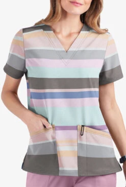 UA Butter-Soft STRETCH Stripes On Stripes Cool Grey Women's 2-Pocket V-Neck Print Scrub Top