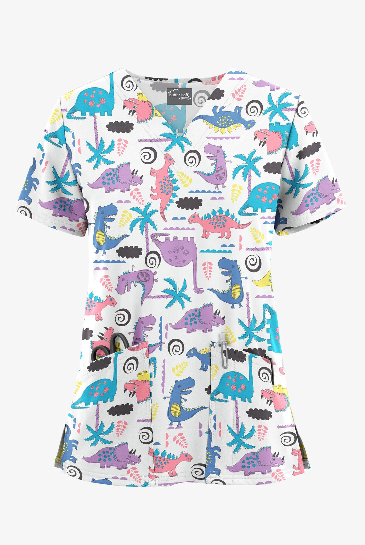 UA Butter-Soft STRETCH Stompin' Dino Orchid Women's 2-Pocket V-Neck Printed Scrub Top UA Butter-Soft STRETCH Stompin' Dino Orchid Women's 2-Pocket V-Neck Printed Scrub Top -Cherokee Shop TS542SDOR 1