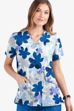 UA Butter-Soft STRETCH Floral Shades White Printed Women's 2-Pocket V-Neck Scrub Top