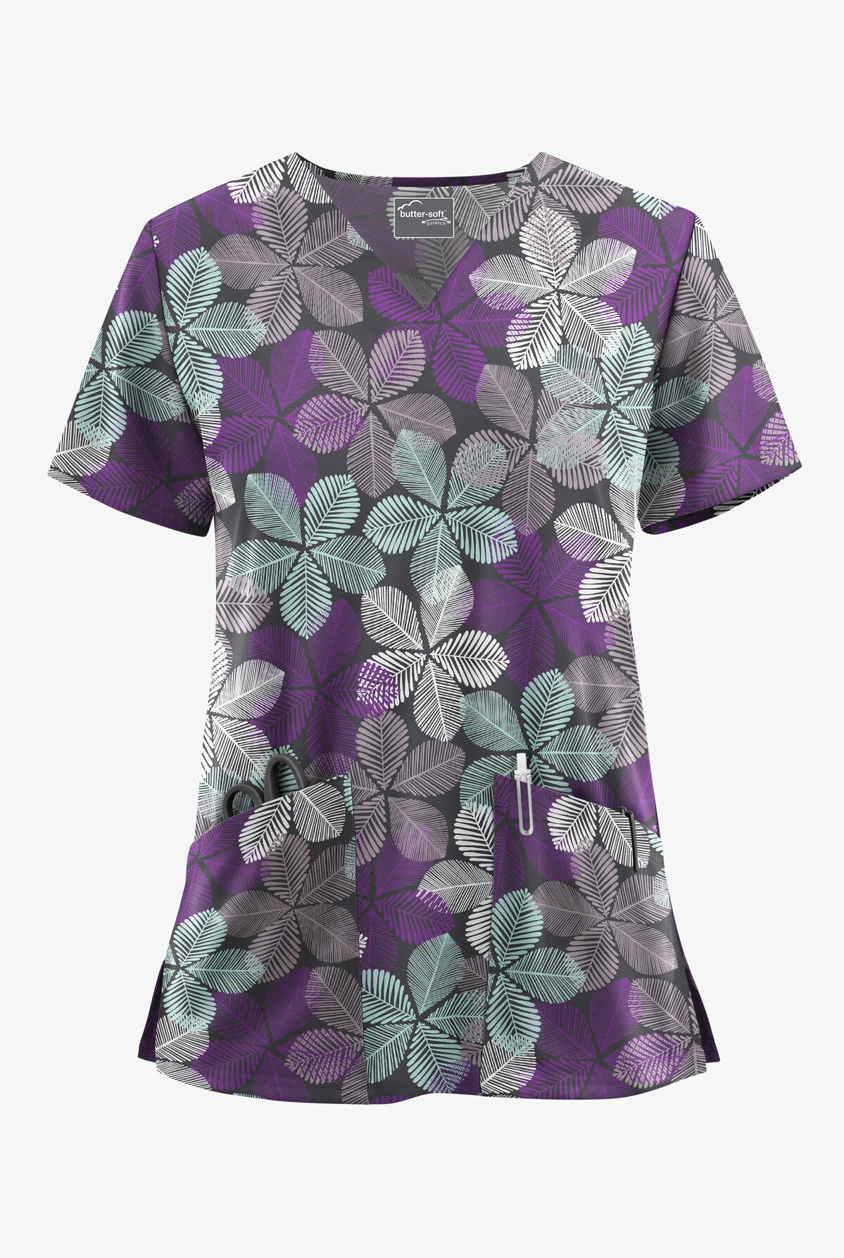 UA Butter-Soft STRETCH Subtle Leaves Pewter Women's 2-Pocket V-Neck Printed Scrub Top UA Butter-Soft STRETCH Subtle Leaves Pewter Women's 2-Pocket V-Neck Printed Scrub Top -Cherokee Shop TS542SLPR 100523 1
