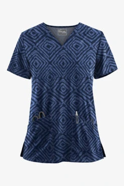 UA Butter-Soft STRETCH Tie-Dye Tiles Navy Women's 2-Pocket V-Neck Print Scrub Top