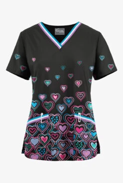 UA Butter-Soft STRETCH Bright Hearts Black Printed Women's V-Neck 3 Pocket Scrub Top