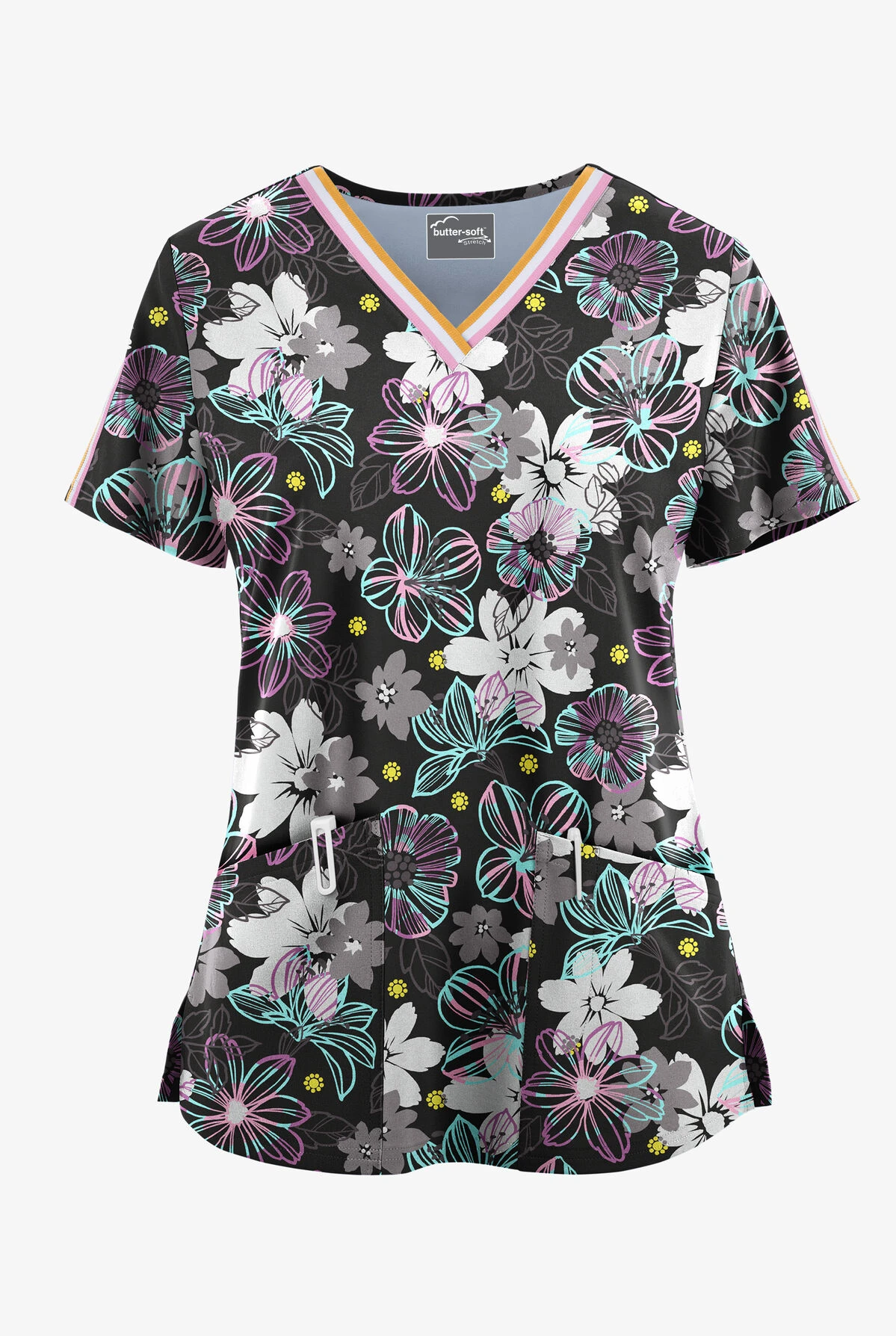 UA Butter-Soft STRETCH Jacobean Spring Eucalyptus Leaf Women's 3-Pocket V-Neck with Trim Scrub Top UA Butter-Soft STRETCH Jacobean Spring Eucalyptus Leaf Women's 3-Pocket V-Neck With Trim Scrub Top -Cherokee Shop TS5542FMBL 092123 1