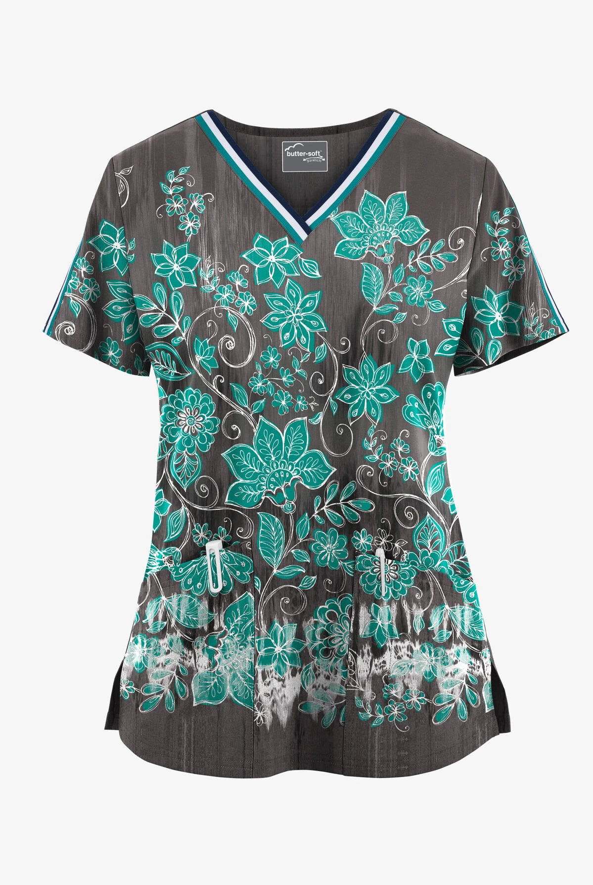 UA Butter-Soft STRETCH Wildflower Border Pewter Women's V-Neck 3 Pocket Printed Scrub Top UA Butter-Soft STRETCH Wildflower Border Pewter Women's V-Neck 3 Pocket Printed Scrub Top -Cherokee Shop TS5542WFPW 092223 1