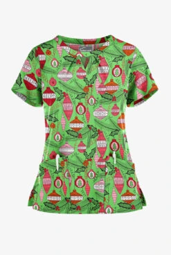 Butter-Soft Christmas Baubles Grass Green Women's 2-Pocket Keyhole V Neck Printed Scrub Top