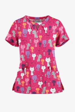 Butter-Soft Paris Cats Fuchsia Women's 2-Pocket Keyhole V Neck Printed Scrub Top