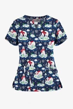 Butter-Soft Polar Holiday Navy Women's 2-Pocket Keyhole V Neck Printed Scrub Top