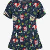Butter-Soft Sleepy Holiday Navy Women's 2-Pocket Keyhole V Neck Print Scrub Top