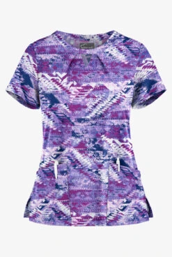 Butter-Soft Sante Fe Modern Orchid Women's 2-Pocket Key-Hole Neck Detailed Print Scrub Top