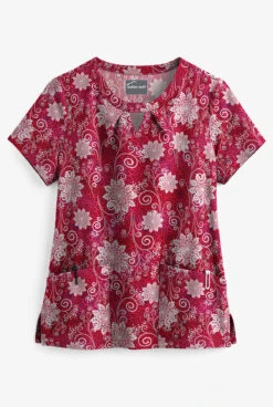 Butter-Soft Winter Breeze Red Women's 2-Pocket Key-Hole Neck Detailed Print Scrub Top
