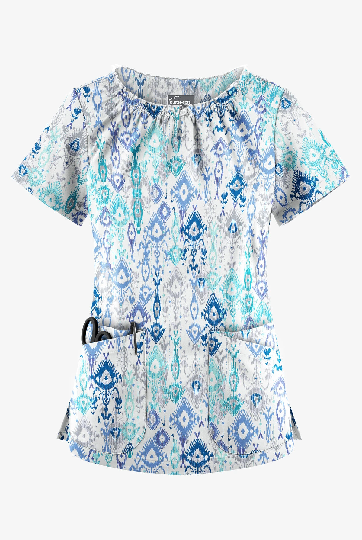 UA Butter-Soft STRETCH Cascading Ikat Amparo Blue Women's 6-Pocket Peasant Style Print Scrub Top UA Butter-Soft STRETCH Cascading Ikat Amparo Blue Women's 6-Pocket Peasant Style Print Scrub Top -Cherokee Shop TS569CIA 1