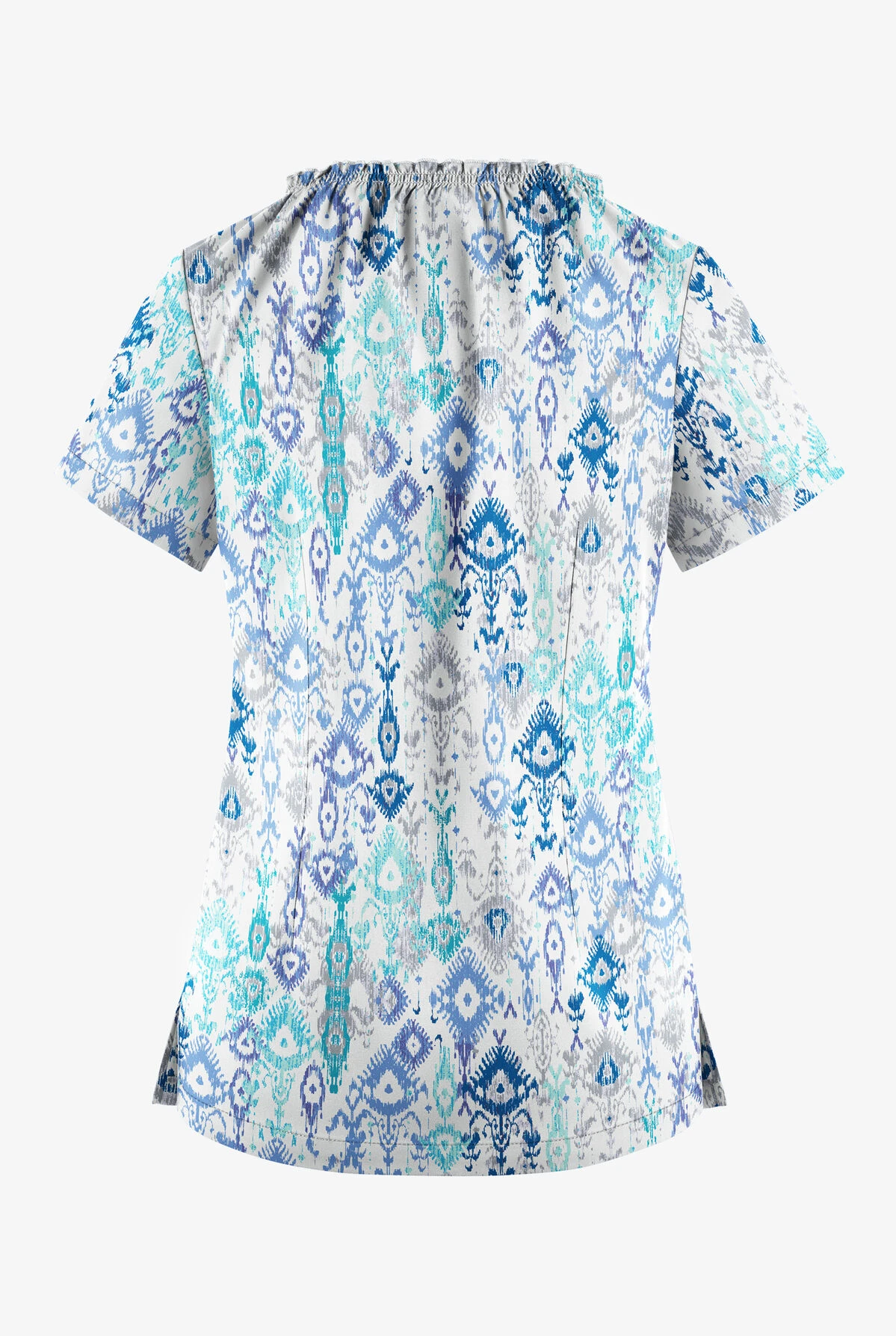UA Butter-Soft STRETCH Cascading Ikat Amparo Blue Women's 6-Pocket Peasant Style Print Scrub Top UA Butter-Soft STRETCH Cascading Ikat Amparo Blue Women's 6-Pocket Peasant Style Print Scrub Top -Cherokee Shop TS569CIA 2