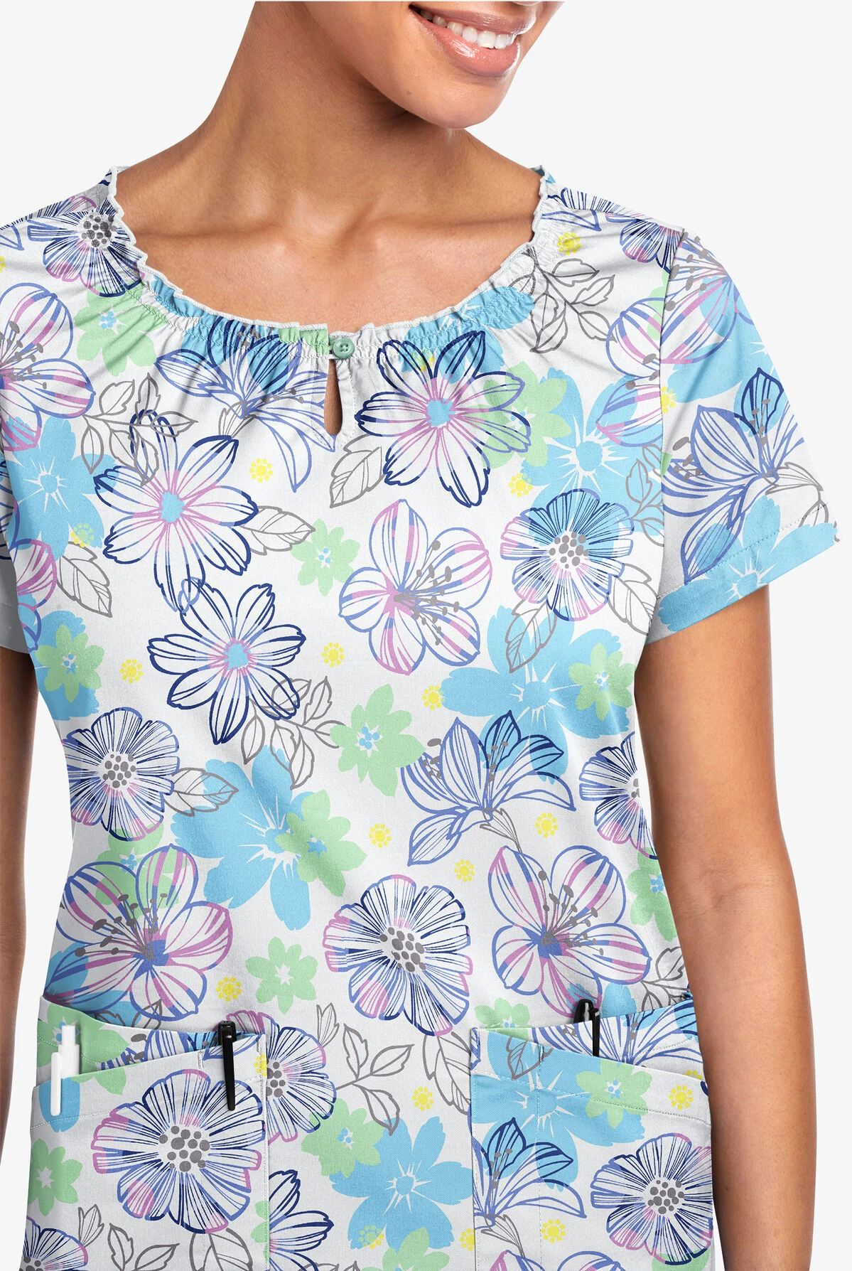 UA Butter-Soft STRETCH Floral Poolside View Women's 6-Pocket Peasant Style Printed Scrub Top UA Butter-Soft STRETCH Floral Poolside View Women's 6-Pocket Peasant Style Printed Scrub Top -Cherokee Shop TS569FMPV 2