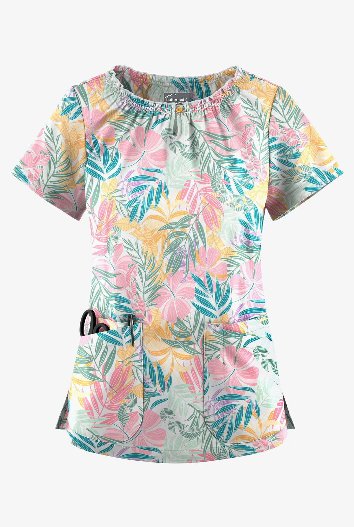 UA Butter-Soft STRETCH Tropical Mix Women's 6-Pocket Peasant Style Printed Scrub Top UA Butter-Soft STRETCH Tropical Mix Women's 6-Pocket Peasant Style Printed Scrub Top -Cherokee Shop TS569TMWT 1
