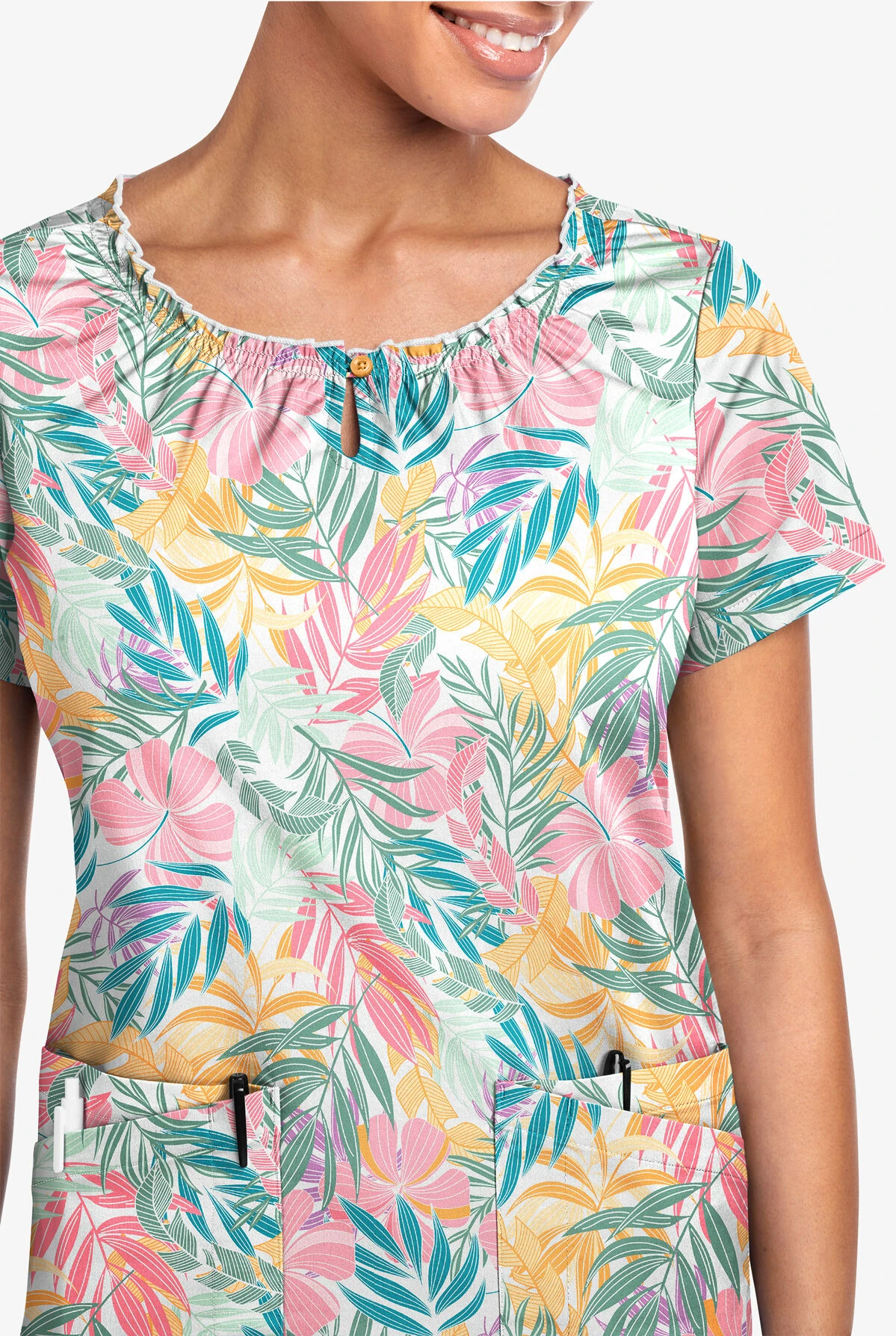 UA Butter-Soft STRETCH Tropical Mix Women's 6-Pocket Peasant Style Printed Scrub Top UA Butter-Soft STRETCH Tropical Mix Women's 6-Pocket Peasant Style Printed Scrub Top -Cherokee Shop TS569TMWT 2