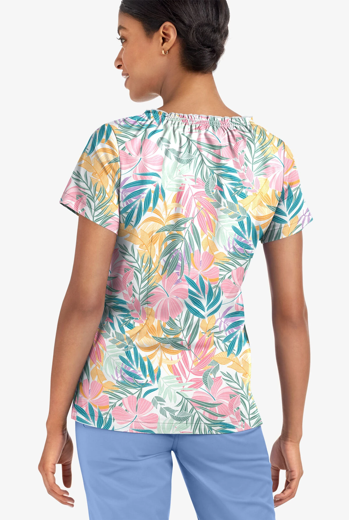 UA Butter-Soft STRETCH Tropical Mix Women's 6-Pocket Peasant Style Printed Scrub Top UA Butter-Soft STRETCH Tropical Mix Women's 6-Pocket Peasant Style Printed Scrub Top -Cherokee Shop TS569TMWT 3