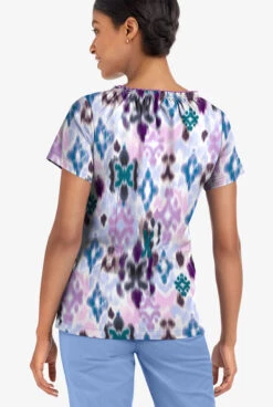 UA Butter-Soft STRETCH Varna Ikat Orchid Women's 6-Pocket Peasant Style Printed Scrub Top -Cherokee Shop TS569VIOR 3