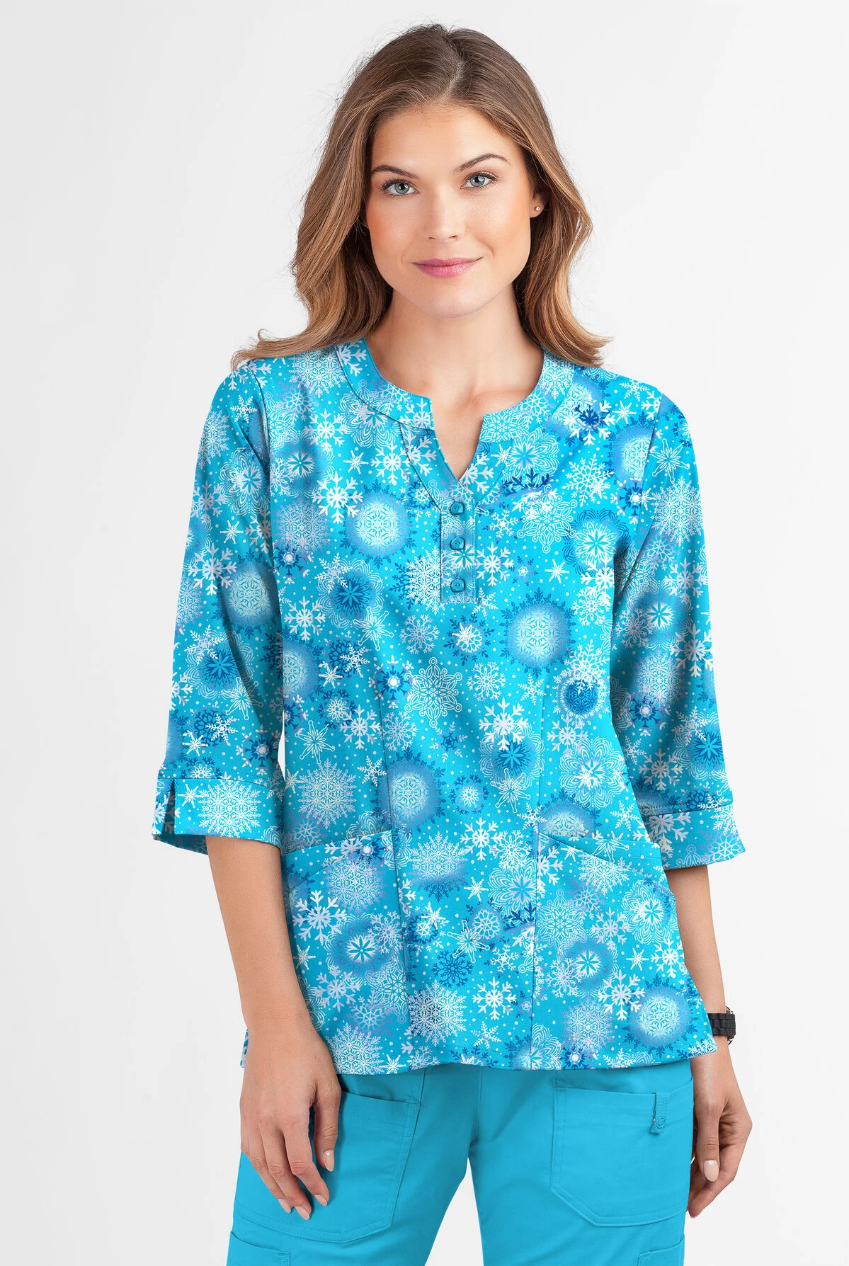 Butter-Soft Dazzling Snowflakes Turquoise Women's 2-Pocket Round Neckline Print Scrub Top Butter-Soft Dazzling Snowflakes Turquoise Women's 2-Pocket Round Neckline Print Scrub Top -Cherokee Shop TS584DSTQ 2