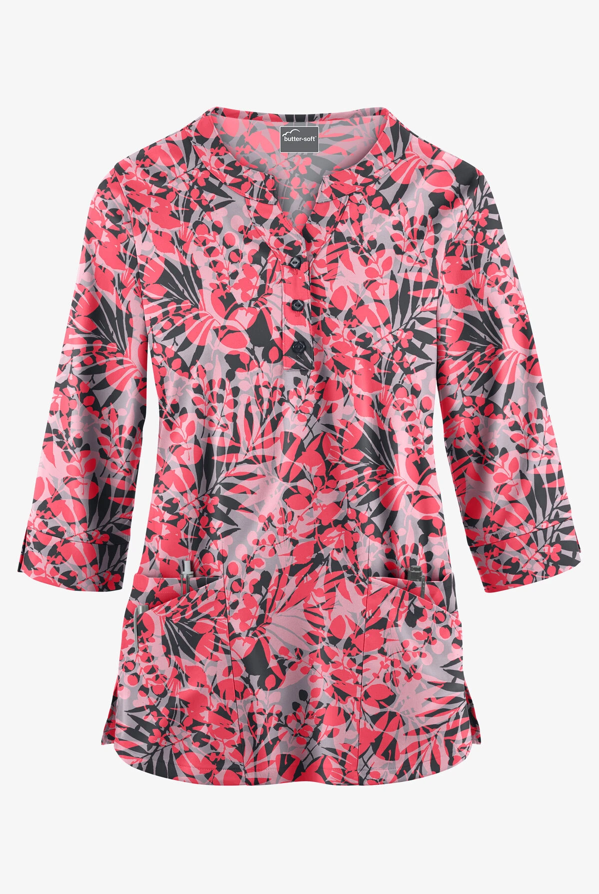 Butter-Soft Exotic Garden Silver Women's 2-Pocket Round Neckline Print Scrub Top Butter-Soft Exotic Garden Silver Women's 2-Pocket Round Neckline Print Scrub Top -Cherokee Shop TS584EGSL 1