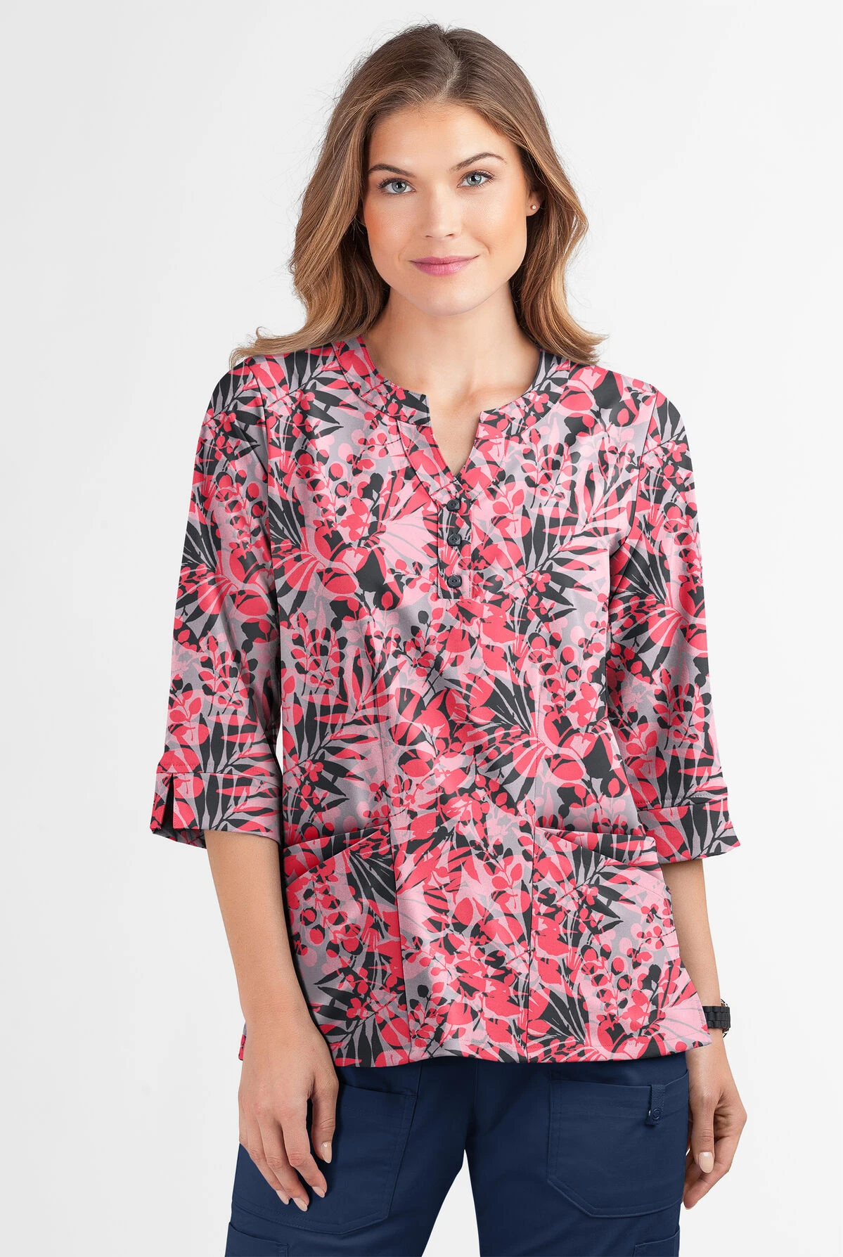 Butter-Soft Exotic Garden Silver Women's 2-Pocket Round Neckline Print Scrub Top Butter-Soft Exotic Garden Silver Women's 2-Pocket Round Neckline Print Scrub Top -Cherokee Shop TS584EGSL 2 S