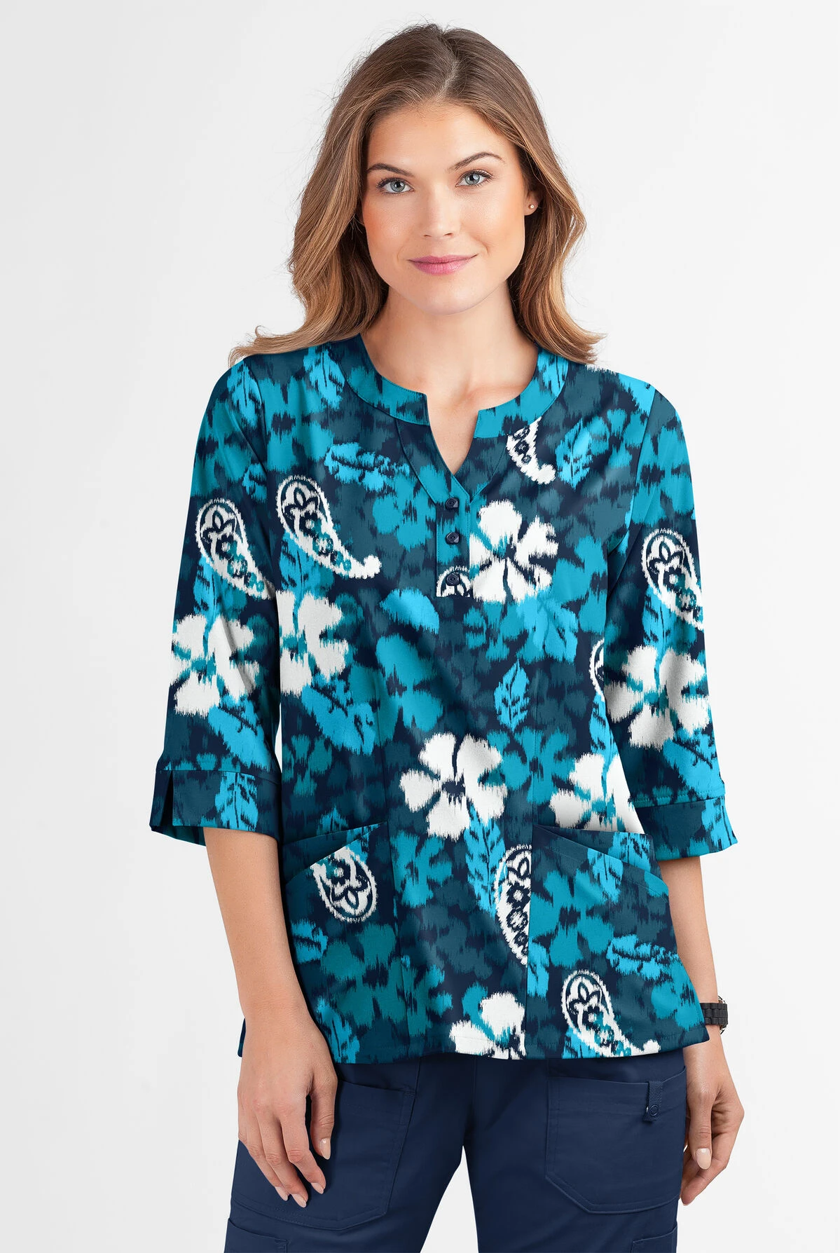 Butter-Soft Persian Ikat Navy Women's 2-Pocket Round Neckline Print Scrub Top Butter-Soft Persian Ikat Navy Women's 2-Pocket Round Neckline Print Scrub Top -Cherokee Shop TS584PINY 2 S