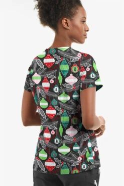 Butter-Soft Christmas Baubles Women's 2-Pocket With Angled Welts V-Neck Print Scrub Top -Cherokee Shop TS631CBBL 3