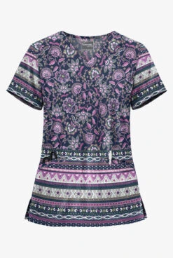 UA Butter-Soft STRETCH Jacobean Border Navy Women's 2-Pocket With Angled Welt Print Scrub Top