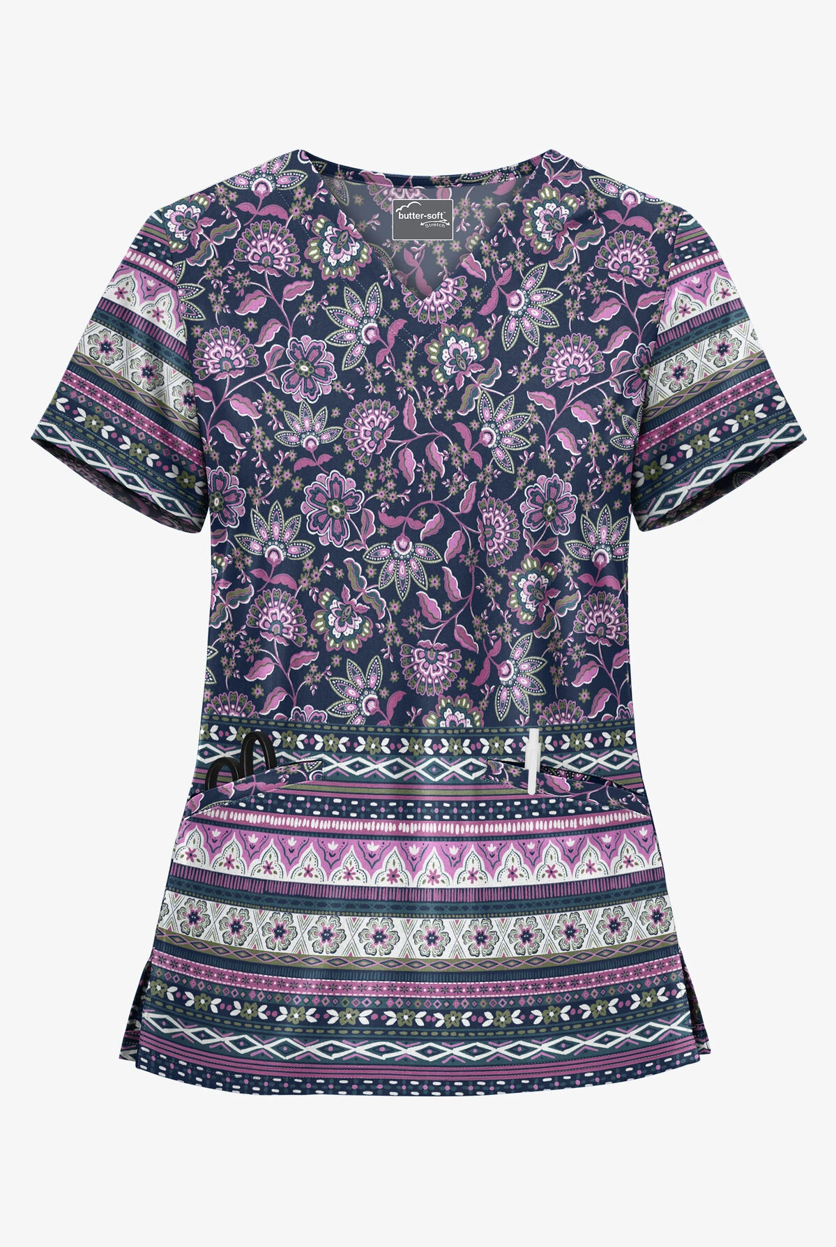 UA Butter-Soft STRETCH Jacobean Border Navy Women's 2-Pocket with Angled Welt Print Scrub Top UA Butter-Soft STRETCH Jacobean Border Navy Women's 2-Pocket With Angled Welt Print Scrub Top -Cherokee Shop TS631JBNV 1