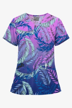 Butter-Soft STRETCH Palm Fronds Aqua Moon Women's 2-Pocket V-Neck Print Scrub Top