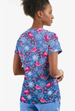 Butter-Soft Winter Finches Royal Women's 2-Pocket With Angled Welt V-Neck Print Scrub Top -Cherokee Shop TS631WFRL 3