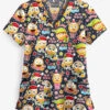 Butter-Soft Holiday Emoji Pewter Women's 4-Pocket Rounded V-Neck Print Scrub Top