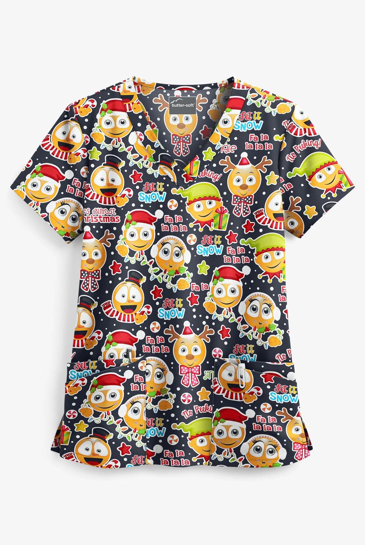 Butter-Soft Holiday Emoji Pewter Women's 4-Pocket Rounded V-Neck Print Scrub Top Butter-Soft Holiday Emoji Pewter Women's 4-Pocket Rounded V-Neck Print Scrub Top -Cherokee Shop TS697HEM 1