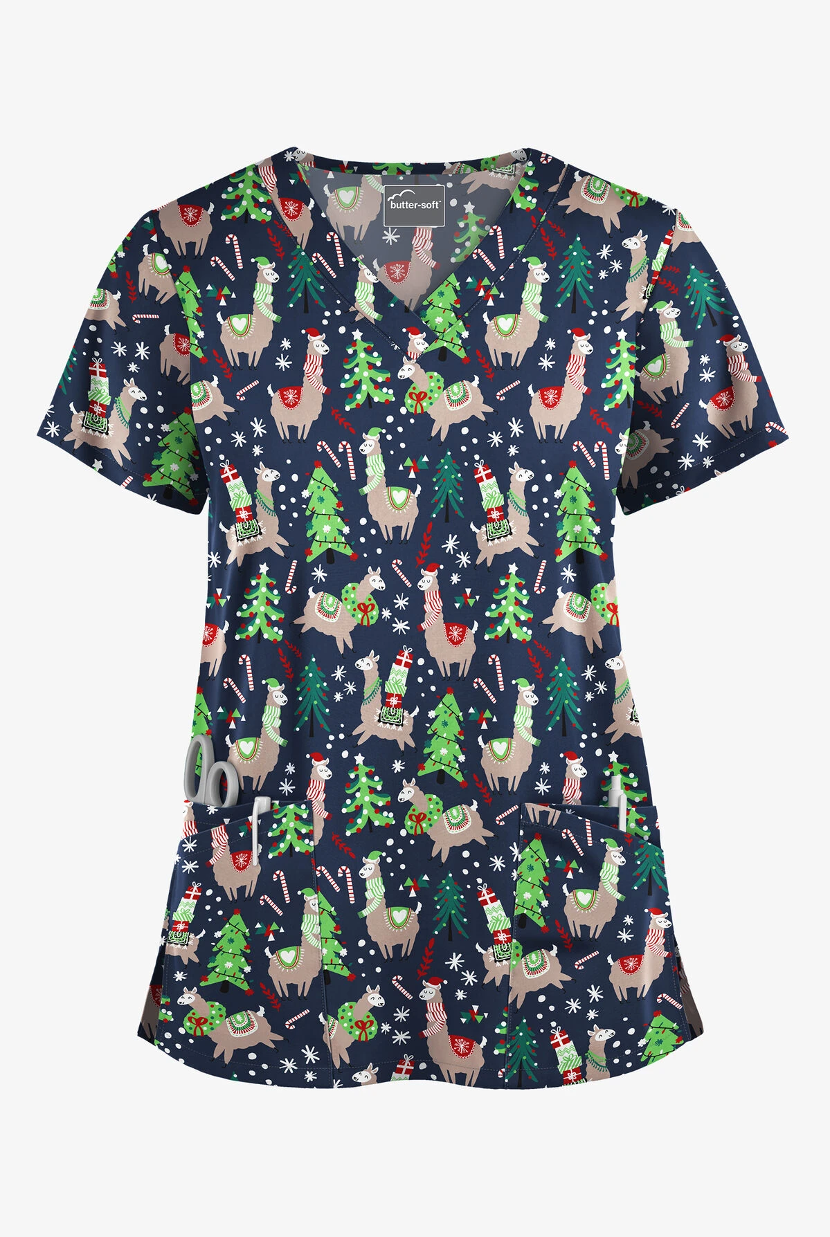Butter-Soft Holiday Llamas Navy Women's 4-Pocket Rounded V-Neck Print Scrub Top Butter-Soft Holiday Llamas Navy Women's 4-Pocket Rounded V-Neck Print Scrub Top -Cherokee Shop TS697HLNV 1