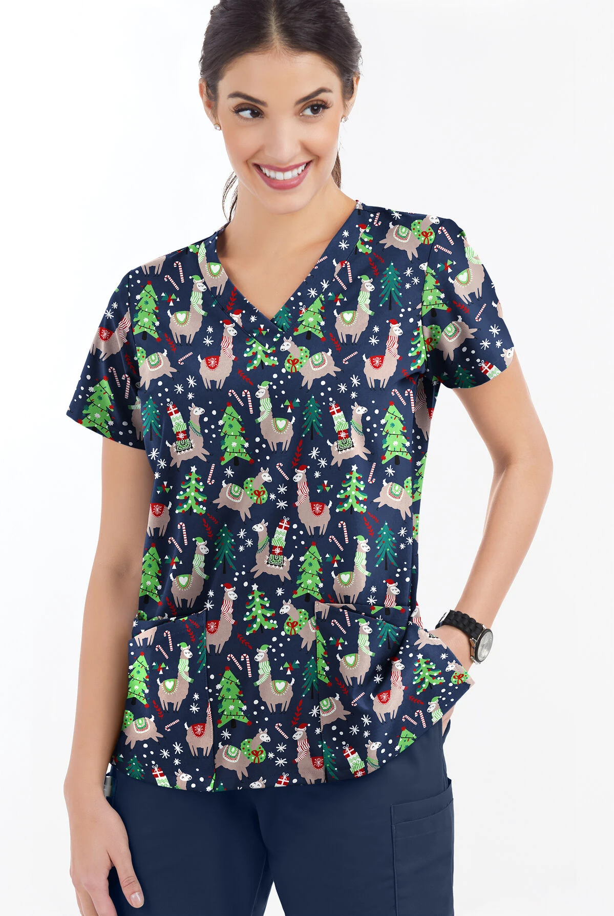 Butter-Soft Holiday Llamas Navy Women's 4-Pocket Rounded V-Neck Print Scrub Top Butter-Soft Holiday Llamas Navy Women's 4-Pocket Rounded V-Neck Print Scrub Top -Cherokee Shop TS697HLNV 2