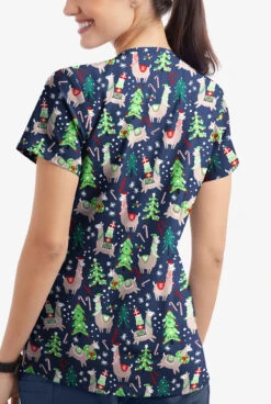 Butter-Soft Holiday Llamas Navy Women's 4-Pocket Rounded V-Neck Print Scrub Top 2 Butter-Soft Holiday Llamas Navy Women's 4-Pocket Rounded V-Neck Print Scrub Top -Cherokee Shop TS697HLNV 3