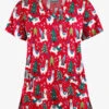 Butter-Soft Holiday Llamas Red Women's 4-Pocket Rounded V-Neck Print Scrub Top