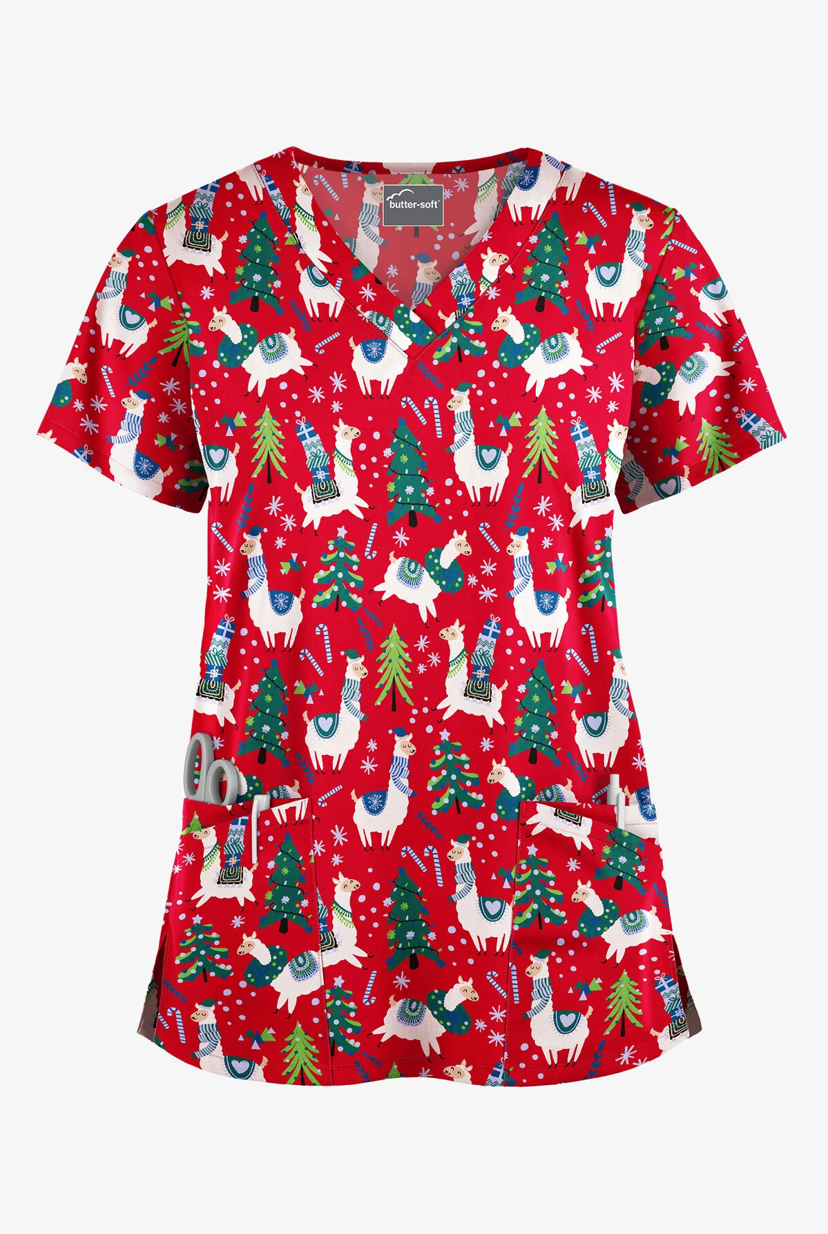 Butter-Soft Holiday Llamas Red Women's 4-Pocket Rounded V-Neck Print Scrub Top Butter-Soft Holiday Llamas Red Women's 4-Pocket Rounded V-Neck Print Scrub Top -Cherokee Shop TS697HLRD 1