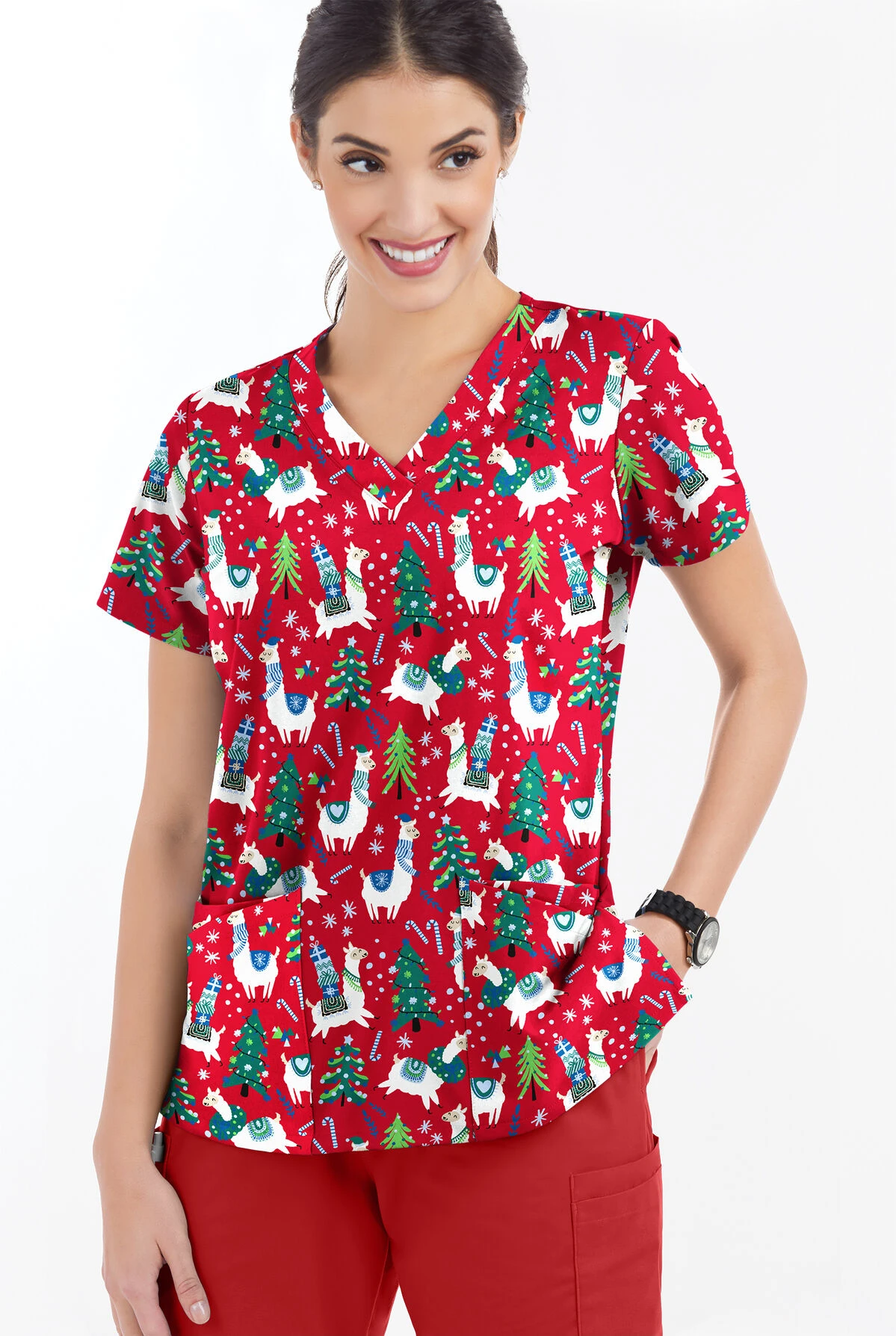 Butter-Soft Holiday Llamas Red Women's 4-Pocket Rounded V-Neck Print Scrub Top Butter-Soft Holiday Llamas Red Women's 4-Pocket Rounded V-Neck Print Scrub Top -Cherokee Shop TS697HLRD 2