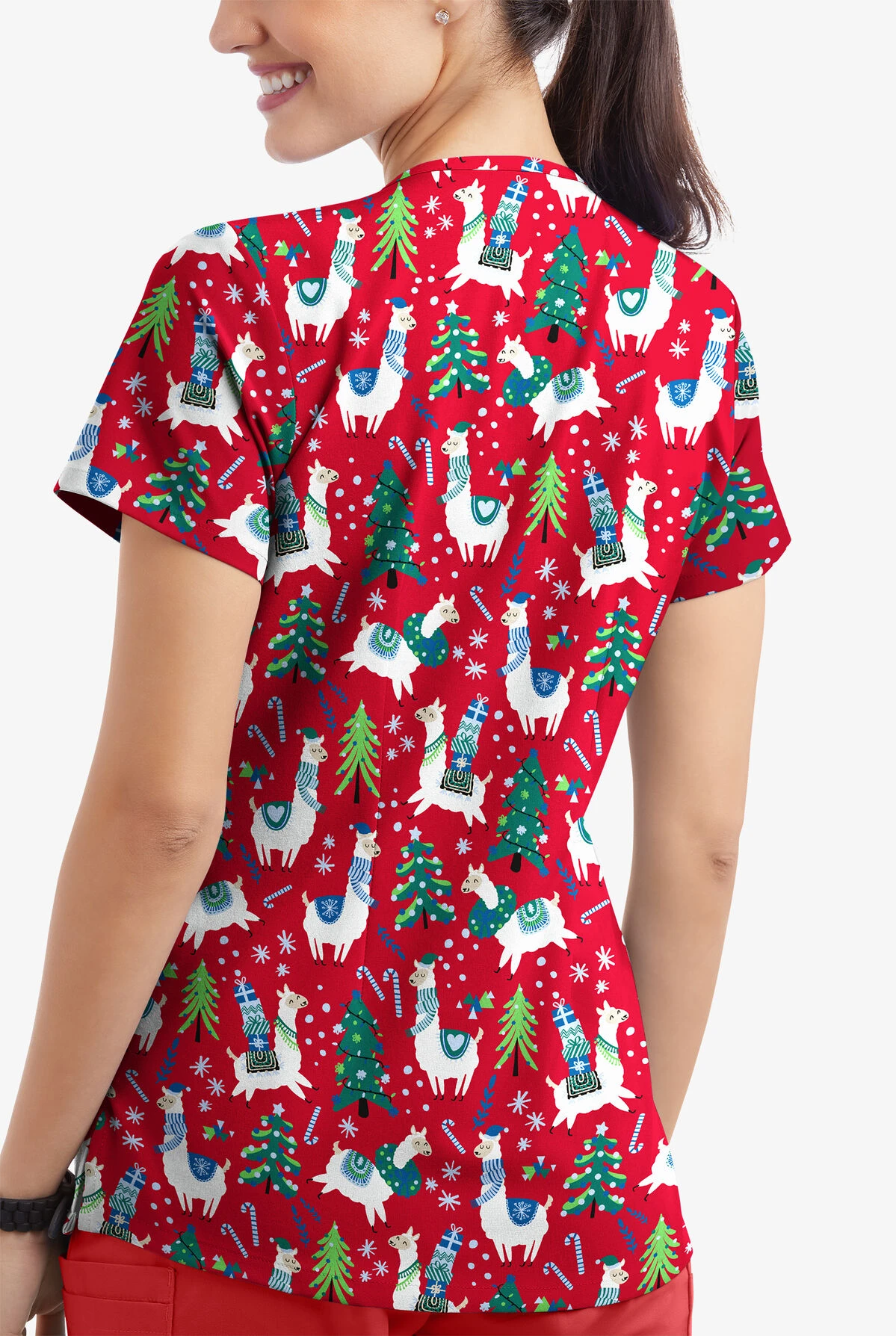 Butter-Soft Holiday Llamas Red Women's 4-Pocket Rounded V-Neck Print Scrub Top Butter-Soft Holiday Llamas Red Women's 4-Pocket Rounded V-Neck Print Scrub Top -Cherokee Shop TS697HLRD 3