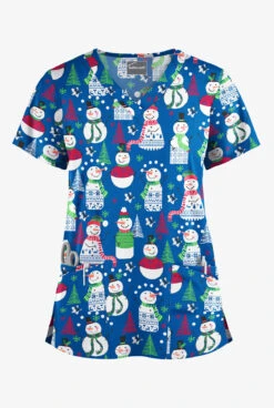 Butter-Soft Juggling Snowman Royal Women's 4-Pocket Rounded V-Neck Printed Scrub Top