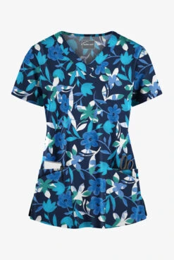 Butter-Soft Matisse Floral Navy Women's 4-Pocket Rounded V-Neck Printed Scrub Top